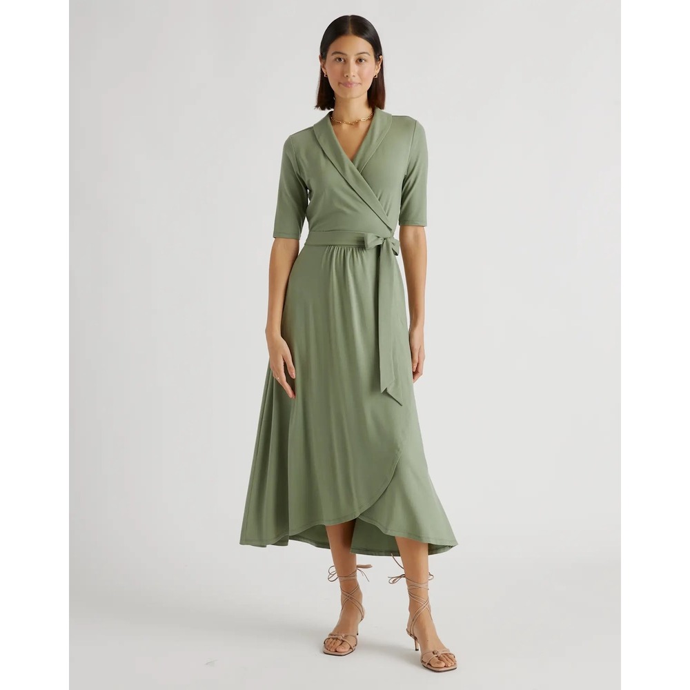 Quince Tencel Jersey Midi Wrap Dress Sage Green Short Sleeve Shawl Collar M